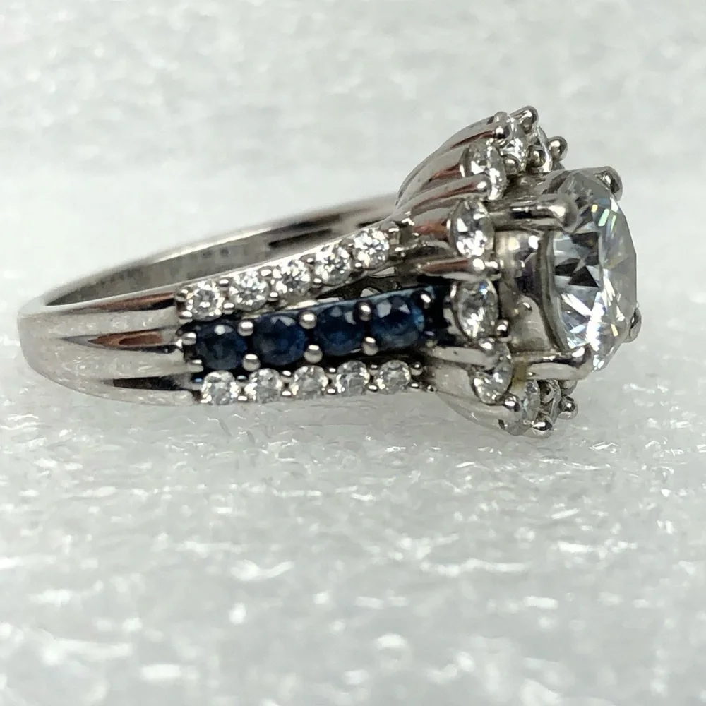 Moissanite Ring Blue Sapphire Platineve Halo Size 6